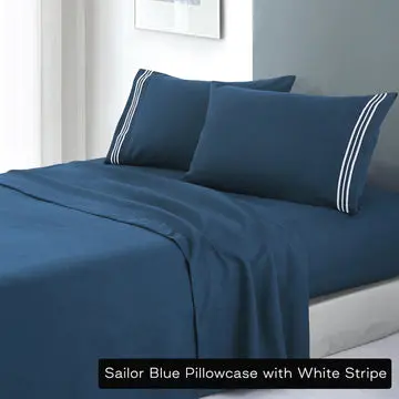 Danoz Direct Microfibre Embroidered Stripe Sheet Set – Single Bed, Sailor Blue Sheets With White Striped Pillowcase 1