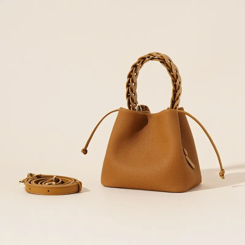 Danoz Fashion Biscuit-Tone Genuine Leather Mini Bucket Bag – Soft-Tone Crossbody With Braided Accent Handle 1