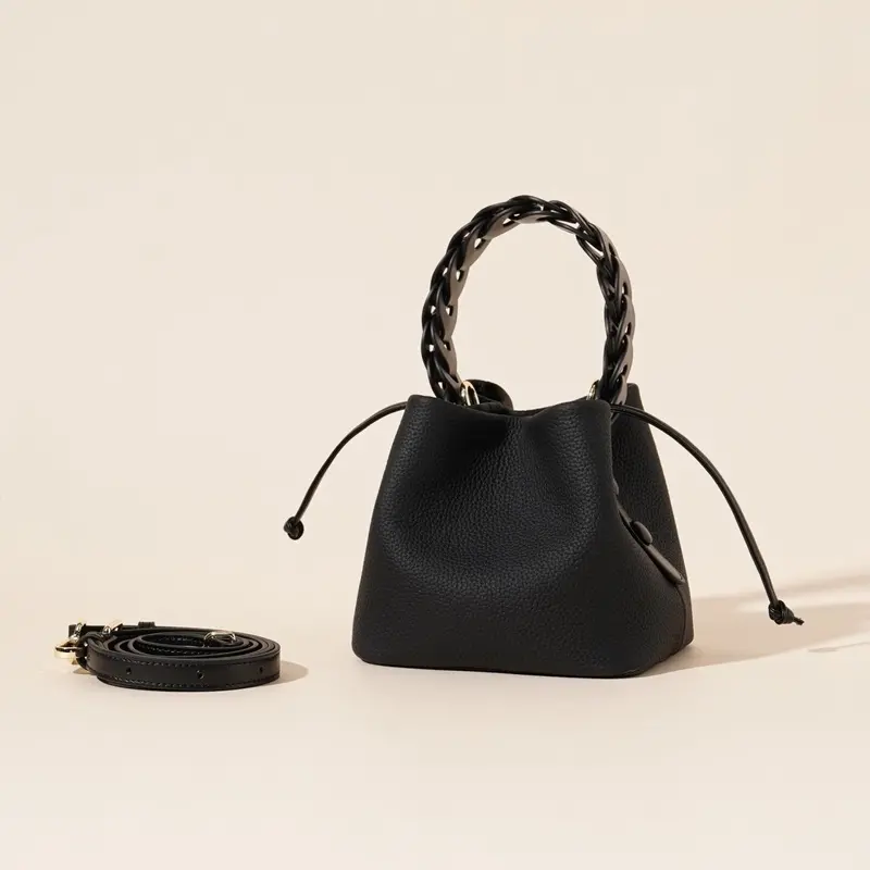 Danoz Fashion Black Genuine Leather Mini Bucket Bag – Braided Handle Crossbody With Drawstring Closure 1