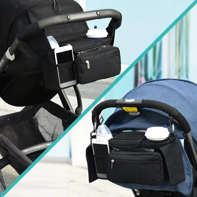 Danoz Fashion Charcoal-And-Grey Stroller Organizer Caddy – Universal Thermal Cup Carrier With Detachable Wristlet 1
