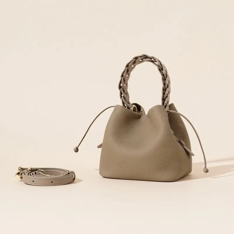 Danoz Fashion Gray Genuine Leather Mini Bucket Bag – Textured Drawstring Crossbody With Woven Handle 1