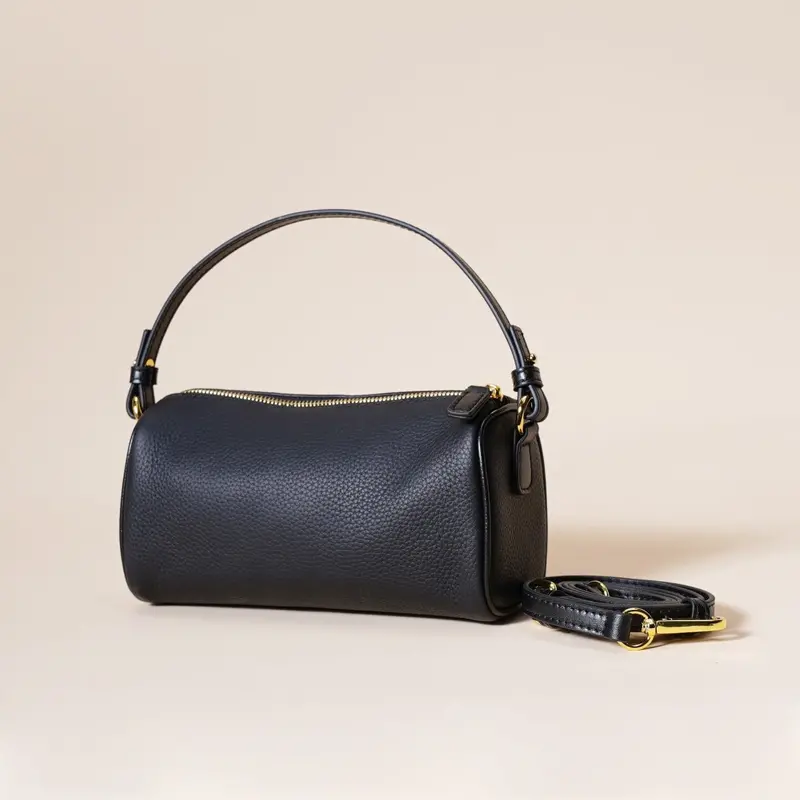 Danoz Fashion Mini Barrel Crossbody Bag – Genuine Leather Boston-Style Purse With Top Handle (Black) 1