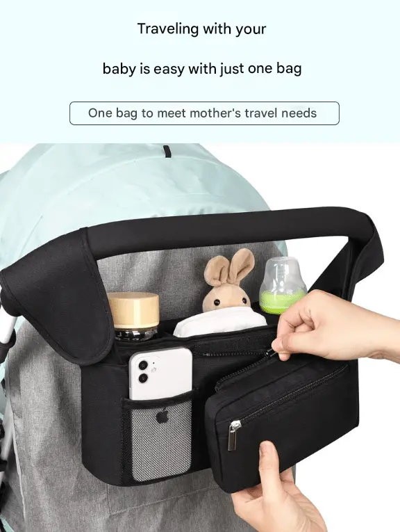 Danoz Fashion Pink-And-Black Stroller Organizer Caddy – Universal Insulated Cup Holder + Detachable Wristlet 1