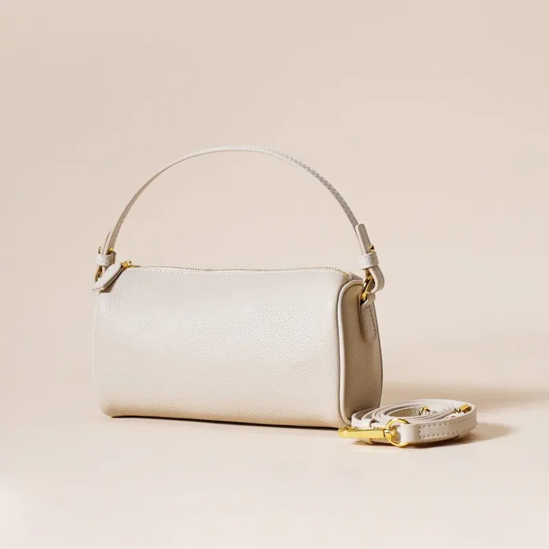 Danoz Fashion White Genuine Leather Boston Bag – Compact Barrel-Shaped Purse With Dual Carrying Options 1