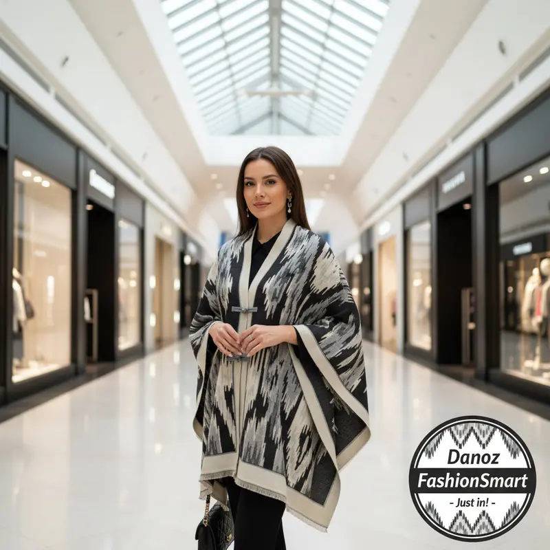 Danoz Fashionsmart Black Buttoned Shawl: Double-Sided Travel Scarf Featuring Ethnic Patterns & Luxe Faux Cashmere Feel 1