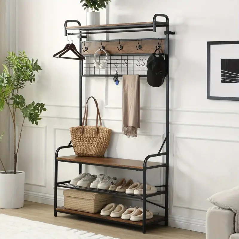 Danoz Furniture 5-In-1 Hall Tree With Storage Bench – Rustic Brown Pipe-Style Entryway Organizer Featuring 9 Hooks & 3-Tier Shelf 1