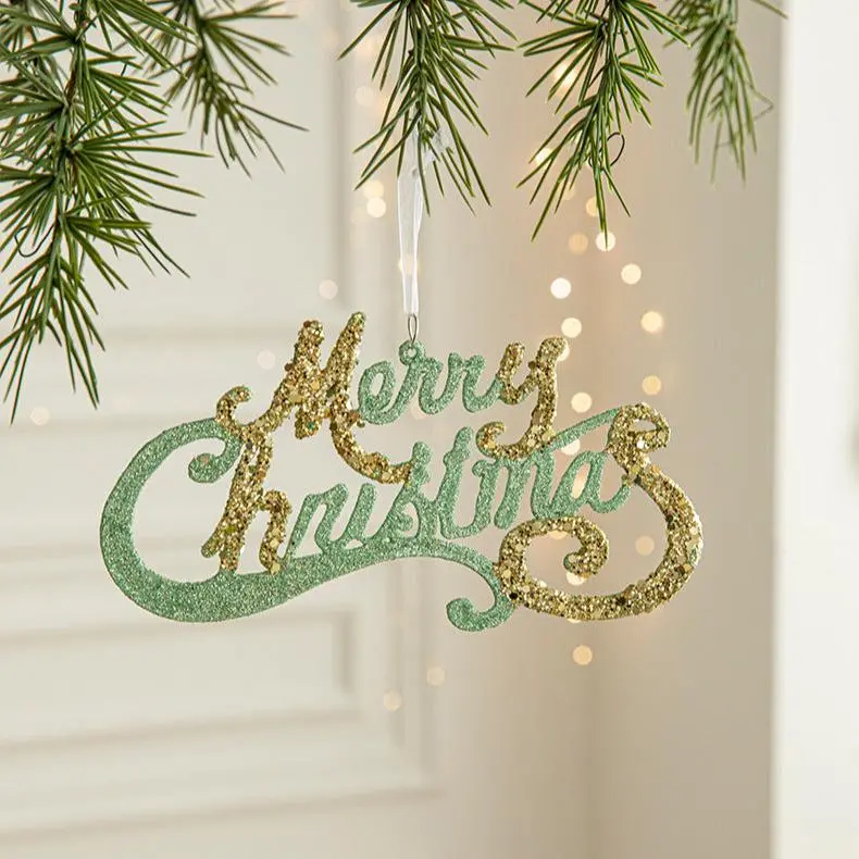 Danoz Green And Gold Glitter 'Merry Christmas' Hanging Ornament Set (5-Pack) 1