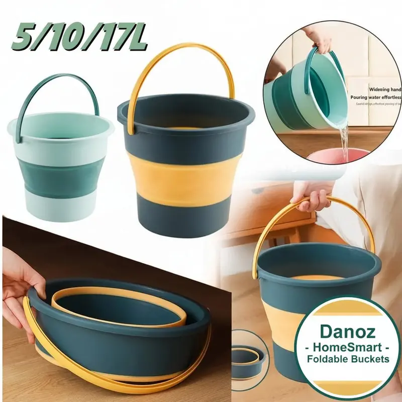 Danoz Homesmart Folding Silicone Bucket – 5L/10L/17L Portable Collapsible Design With Lid For Car Wash, Fishing & Camping 1