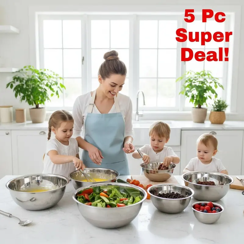 Danoz Kitchensmart 5-Piece Stainless Steel Mixing Bowl Set – Non-Slip, Nesting, Whisk-Friendly Bowls 1