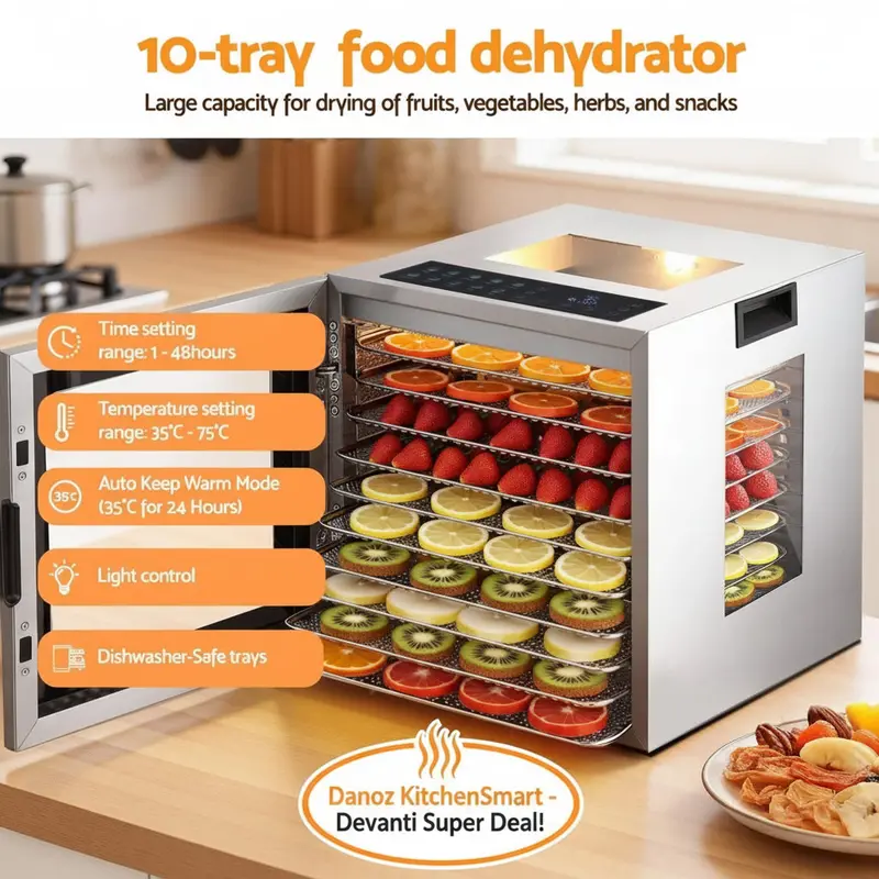 Danoz Kitchensmart Devanti 10-Tier Food Dehydrator – Stainless Steel Cabinet With Tempered Glass Door & 850W Power 1