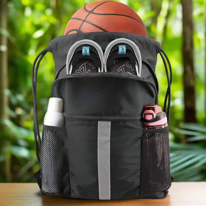 Danoz Outdoors Black Drawstring Gym Backpack – Multi-Compartment Sports Bag With Bottle Holders & Reflective Safety Trim 1