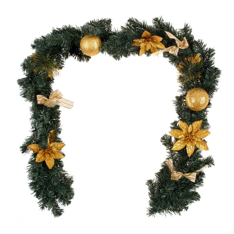 Danoz Pine Garland – 1.8M Gold & Green Holiday Wreath Alternative With Bows & Balls 1