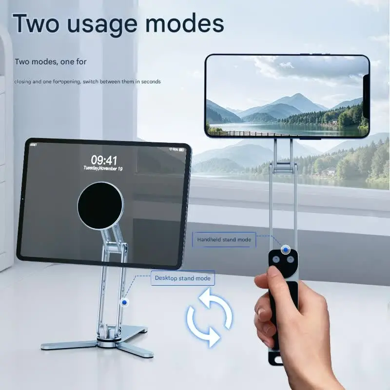 Danoz Smart 2-In-1 Magnetic Folding Stand – Adjustable Aluminum Phone & Tablet Holder For Desktop Or Handheld Use (Silver) 1