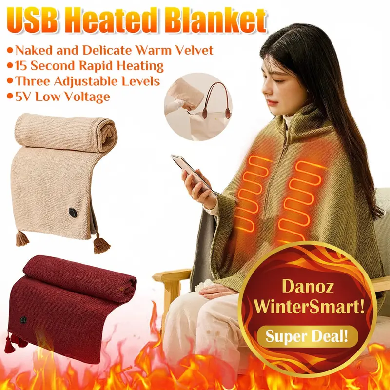 Danoz Wintersmart Usb-Heated Wearable Blanket – 3-Temp Throw With Built-In 5000Mah Power Bank For Home Or Office Warmth 1