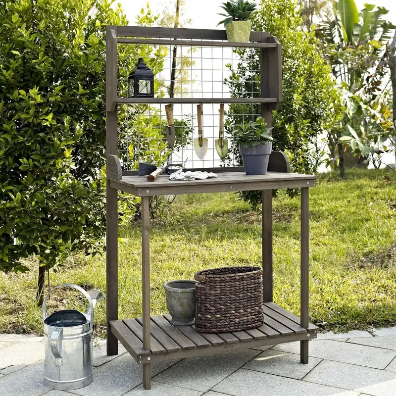 Dark Brown Wood Potting Bench With Integrated Bottom Shelf For Gardening 1