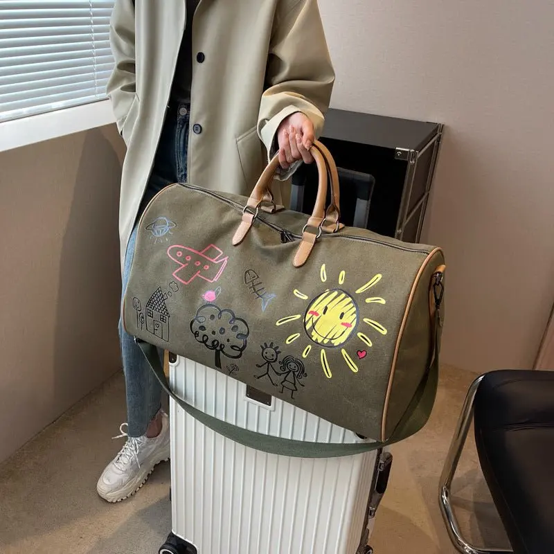 Doodle-Print Canvas Duffel Bag By Danoz – Large Black Weekend & Gym Tote 1