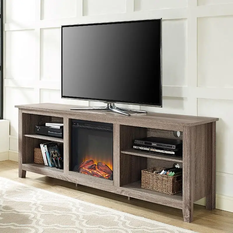 Driftwood-Finish 70-Inch Tv Stand With Integrated Electric Fireplace Heater 1