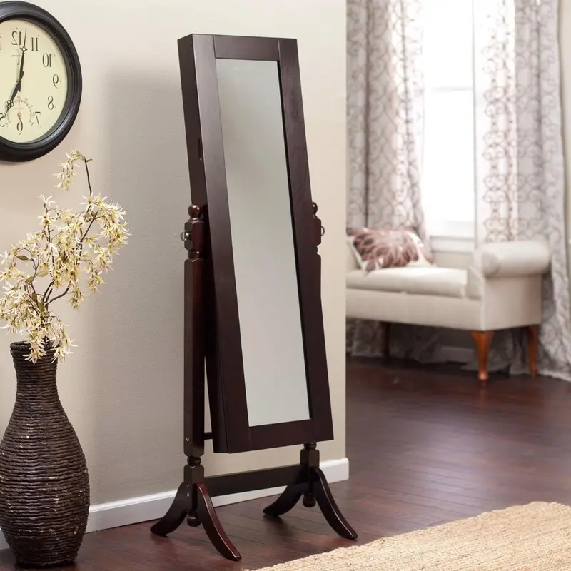 Espresso Brown Jewelry Armoire With Full-Length Tilting Mirror And Organized Compartments 1