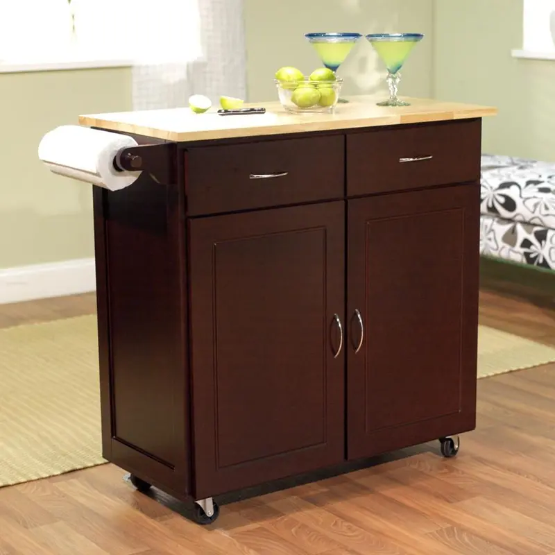 Espresso-Finish Portable Kitchen Island Cart – 43" Natural Wood Countertop 1