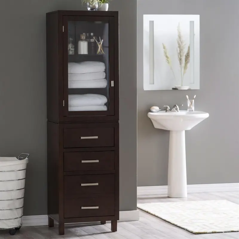 Espresso Linen Tower Cabinet With Glass-Paneled Door – Bathroom Storage 1