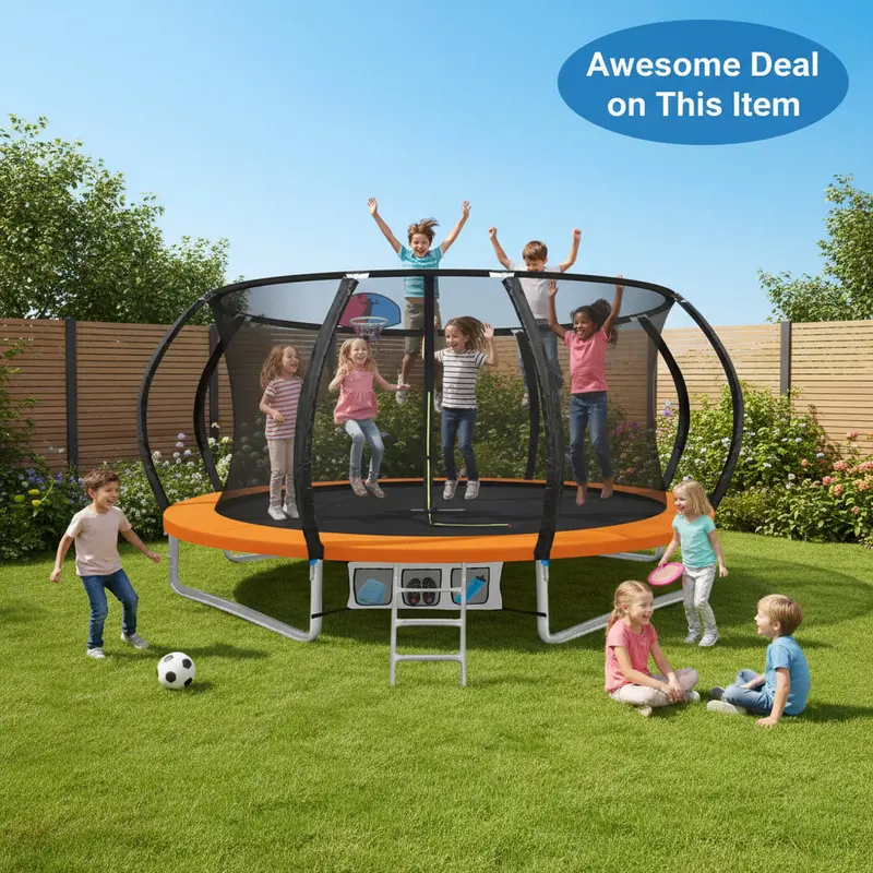 Everfit 12Ft Kids Trampoline – Enclosed Safety Net, Ladder Included, Orange Design 1