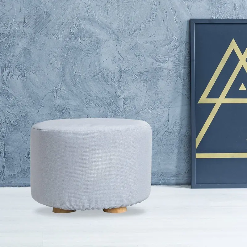 Fabric Round Ottoman Footstool – Light Blue Upholstered Stool With Wooden Legs 1