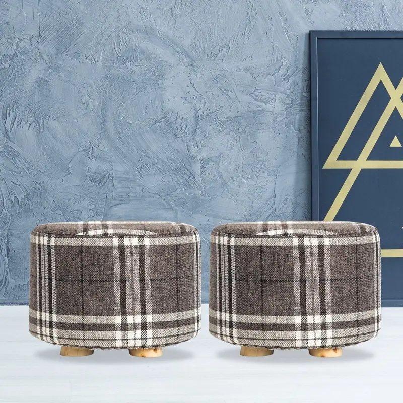 Fabric Round Ottoman Footstool – Wooden Leg Accent Piece With Elegant Lattice Detailing 1