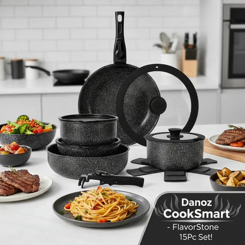 Flavorstone 15-Piece Nonstick Cookware Set With Detachable Handles – 5-Year Warranty – Cooksmart 1