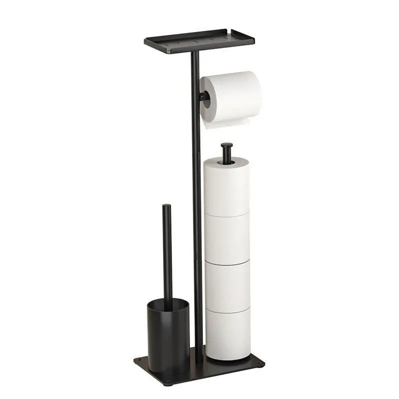 Freestanding 3-In-1 Toilet Paper Organizer – Carbon Steel Stand With Matte Black Finish, Dual Roll Holders, Storage Top & Integrated Brush Holder 1