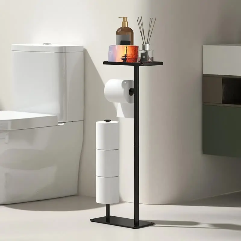 Freestanding Dual-Roll Toilet Paper Holder – Heavy-Duty Carbon Steel Stand With Matte Black Finish & Top Storage Shelf 1