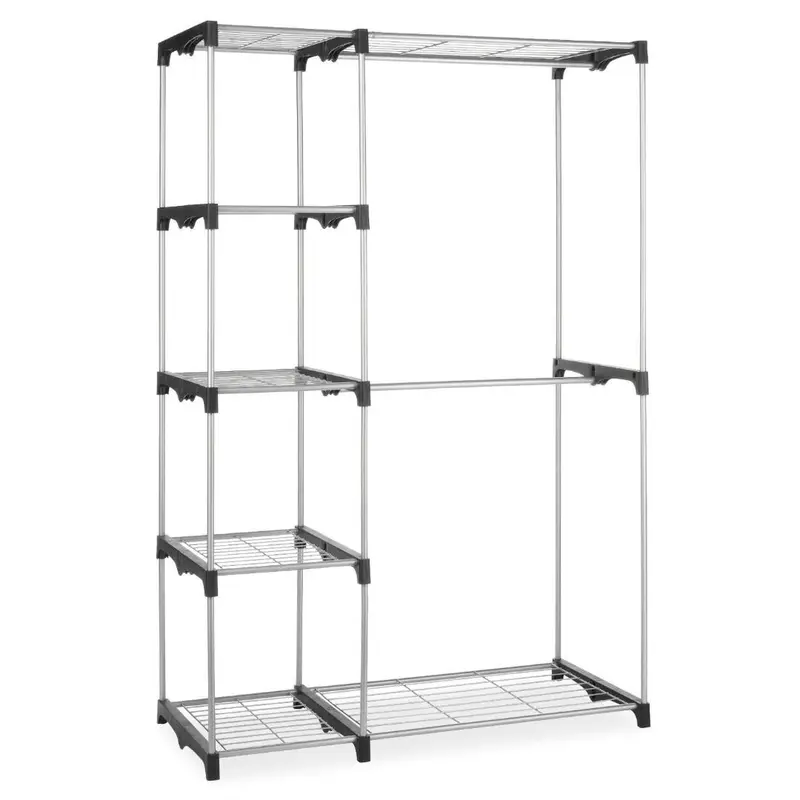 Freestanding Garment Rack With Dual Hanging Rods And Storage Shelves 1