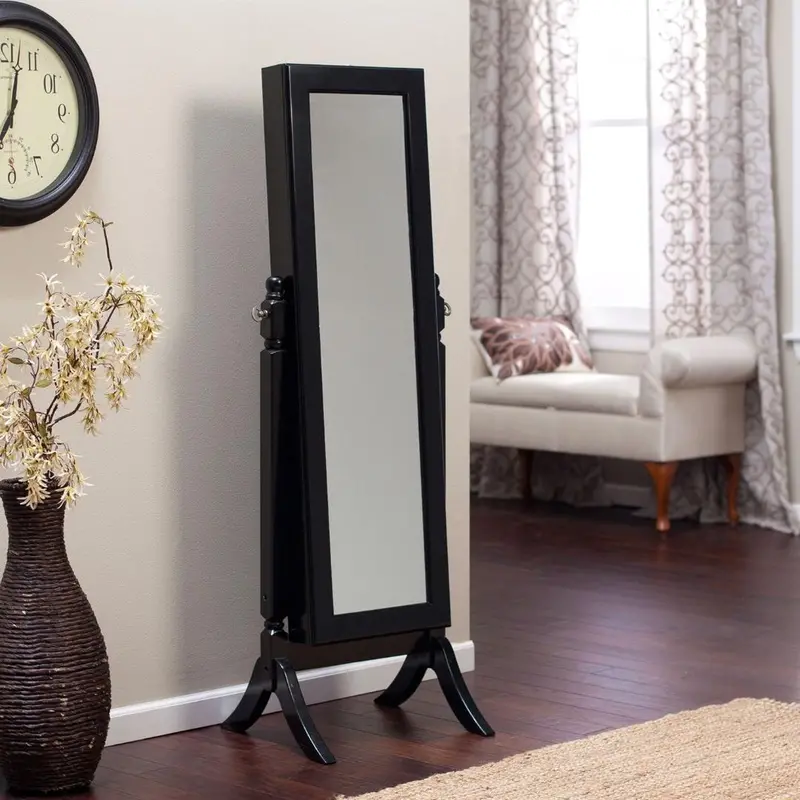 Full-Length Tilting Cheval Mirror With Integrated Jewelry Armoire In Black Wood 1