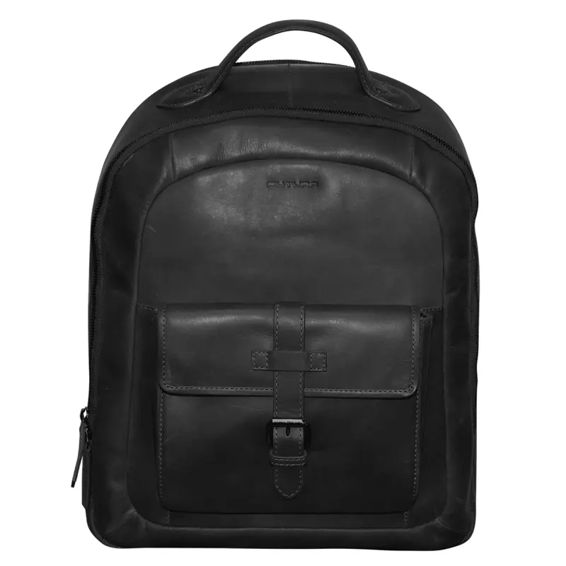 Futura Men'S Black Leather Laptop Backpack With Front Organizer Pocket 1