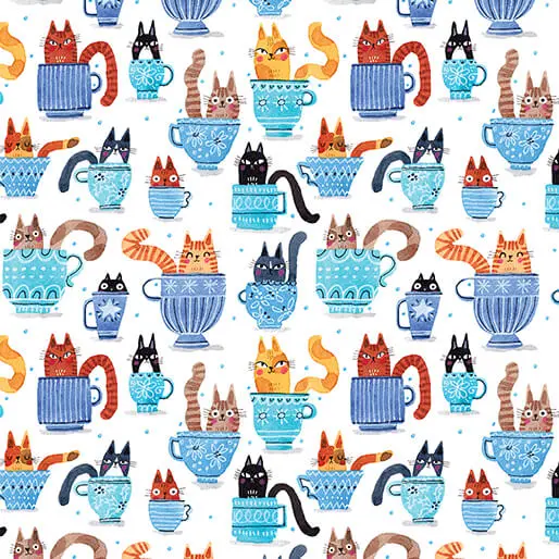 Garden Cats Fabric Collection – Blue Teacup Cats Design 16347-55 1