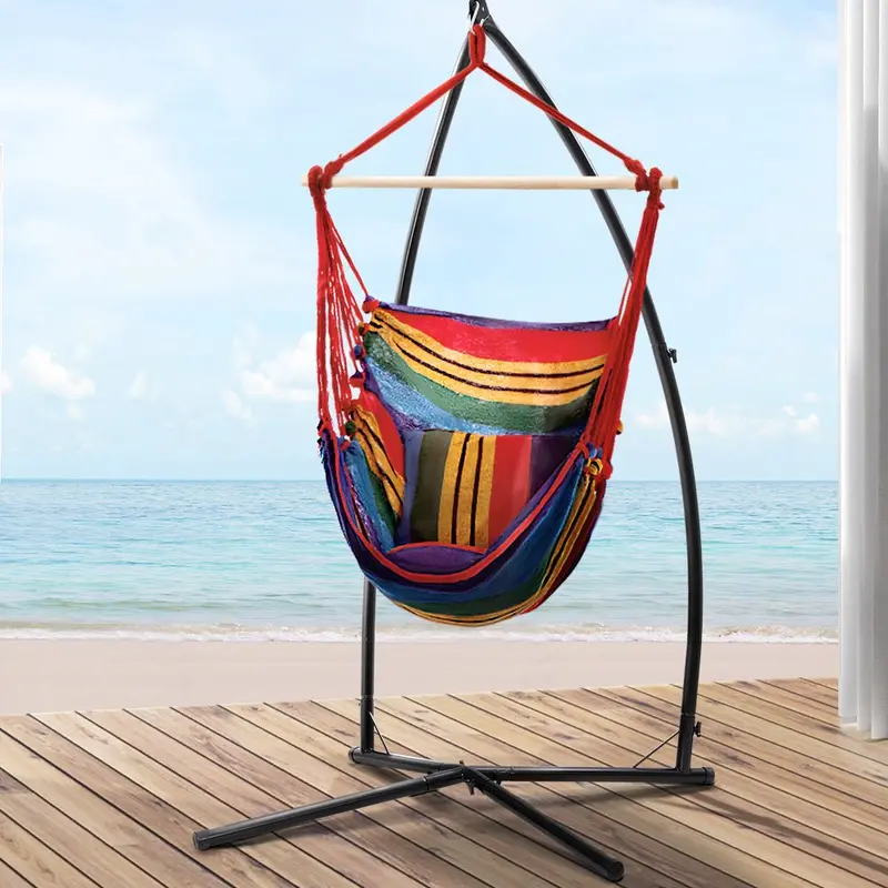 Gardeon Hammock Chair With Steel Stand – Rainbow-Colored Outdoor Hanging Seat Set 1