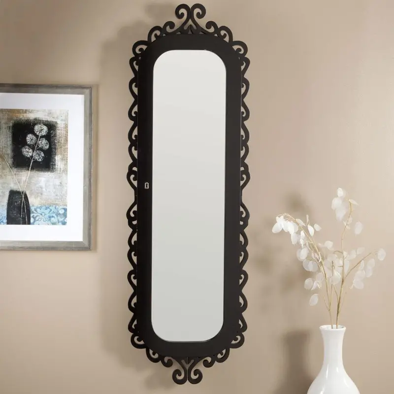 Gloss Black Wall-Mounted Jewelry Armoire With Ornate Scrollwork Mirror 1