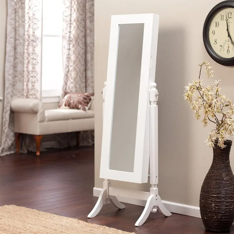 Gloss White Cheval Mirror Armoire With Jewelry Organizer & Tilting Function 1