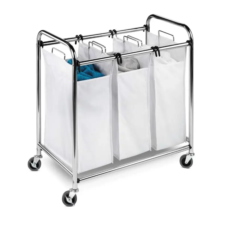 Heavy-Duty Commercial Laundry Sorter Cart – White Frame With Chrome Accents 1