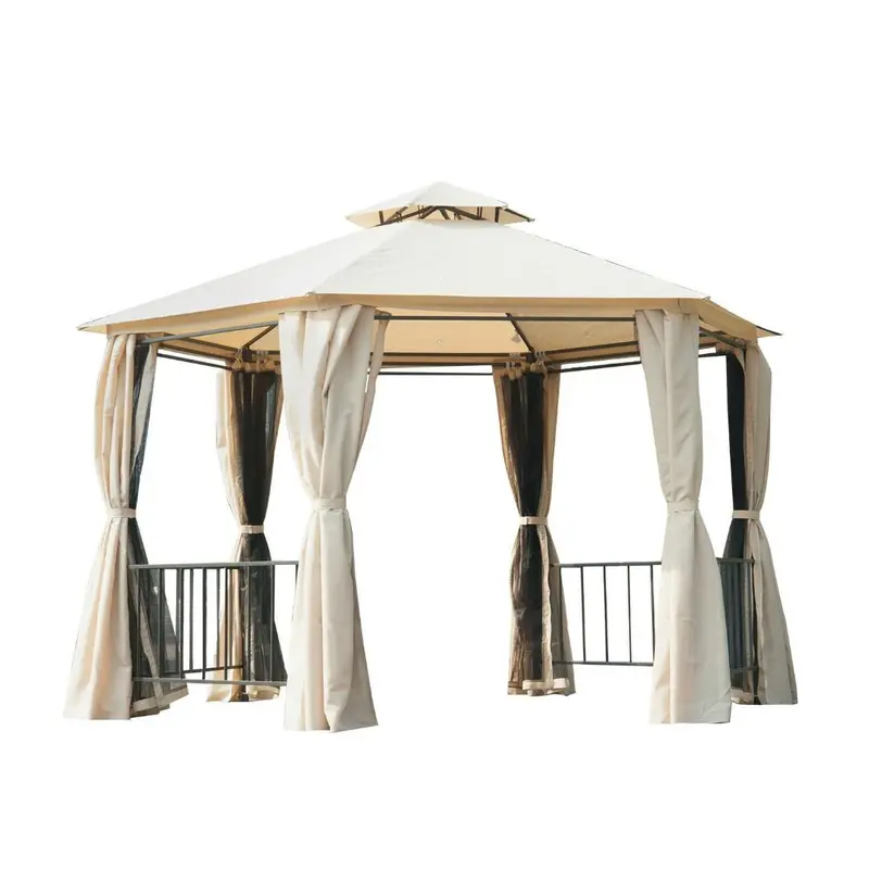 Hexagonal Outdoor Gazebo – Beige Canopy With Mesh Privacy Curtains 1