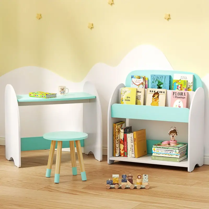 Keezi 2-In-1 Kids Bookshelf And Table-Chair Combo – Modular Toy Organizer And Study Desk 1
