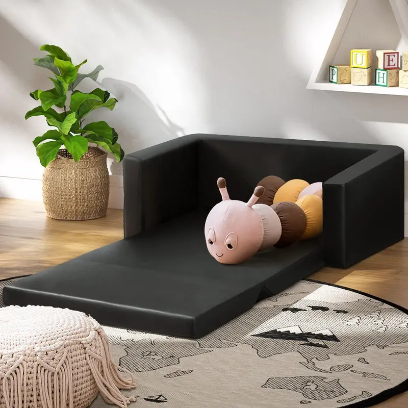 Keezi 2-Seater Kids Sofa – Flip-Open Pu Leather Couch In Black For Children 1