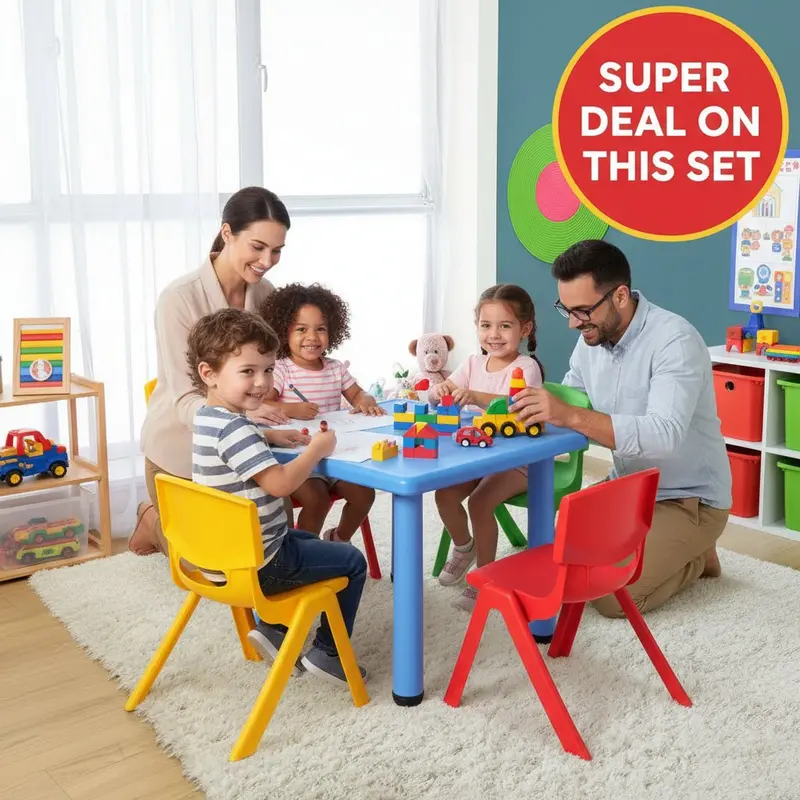 Keezi 5-Piece Kids Table & Chair Set – Plastic Study Desk With Four Matching Chairs 1