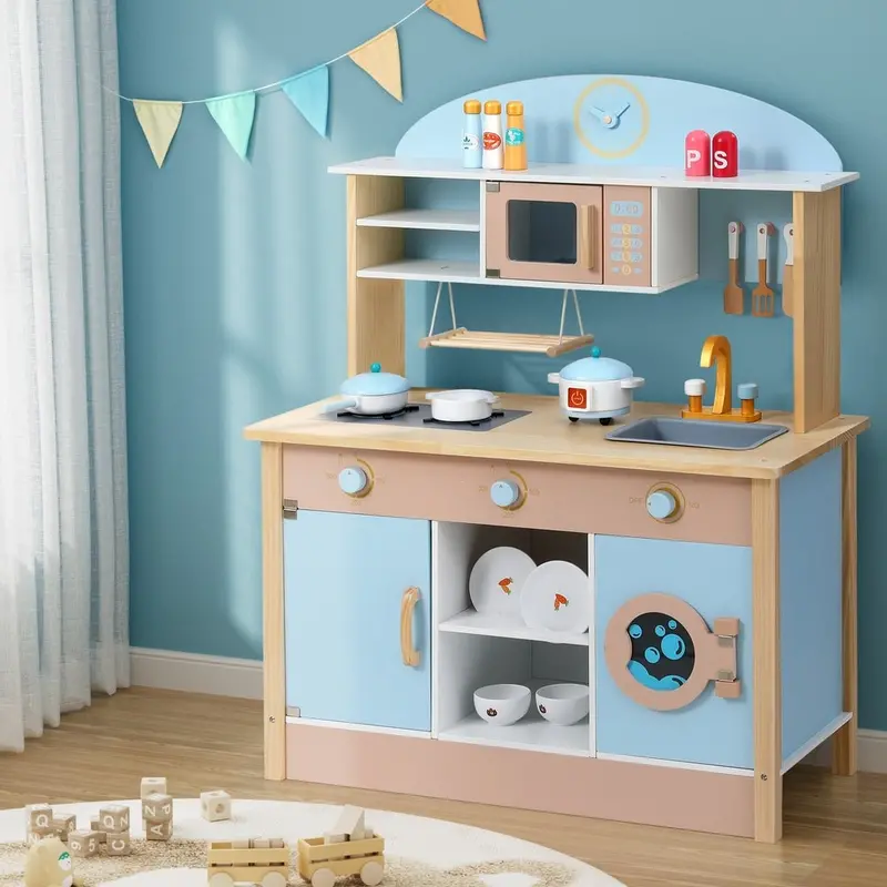 Keezi 80Cm Blue Wooden Kitchen Set – Realistic Pretend Play Oven, Dishwasher & Cookware 1