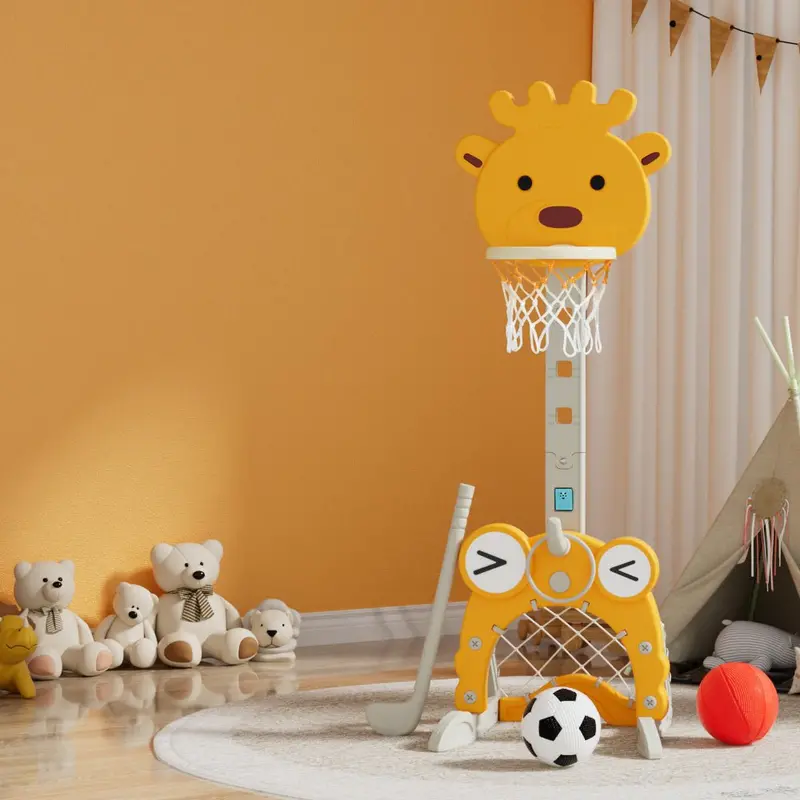 Keezi Adjustable 5-In-1 Sports Center – Yellow Basketball Hoop Stand With Multiple Play Options 1