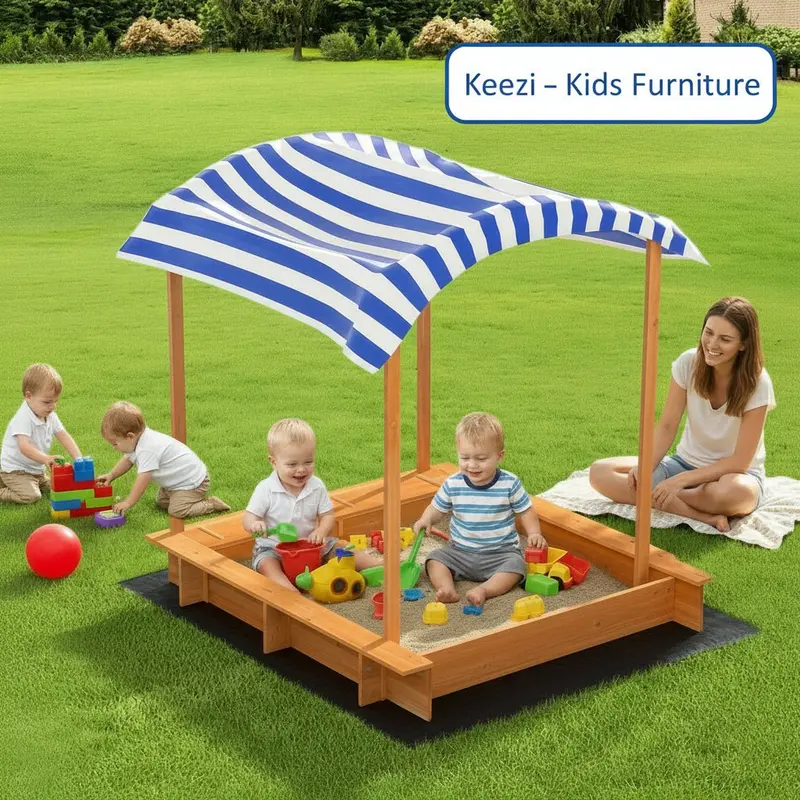 Keezi Extra-Large Round Wooden Sandpit – Includes Canopy, Water Basin, And Bench (146 Cm) 1