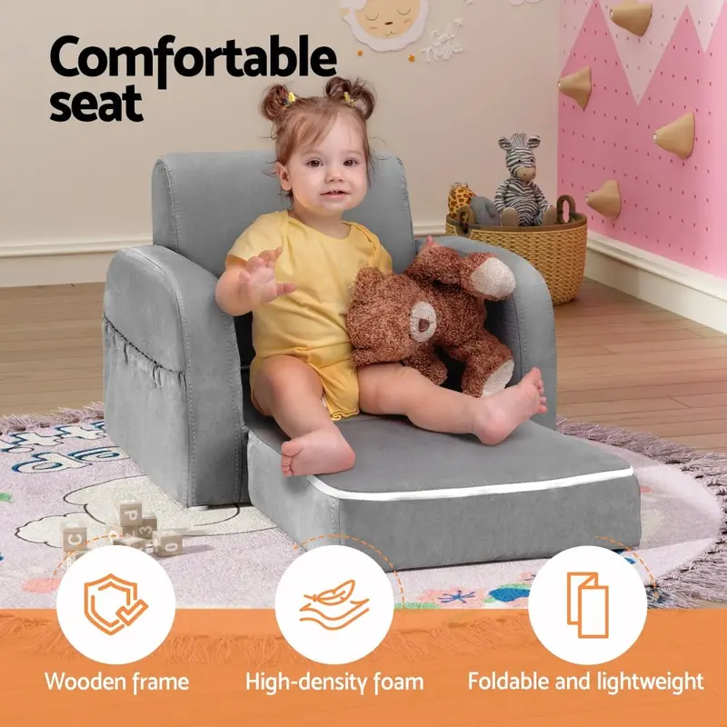 Keezi Kids 1-Seater Flip-Open Sofa Lounger – Soft Grey Children’S Armchair 1