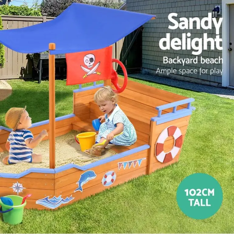 Keezi Large Boat-Style Sandpit – 165Cm Covered Sandbox With Integrated Bench & Canopy 1