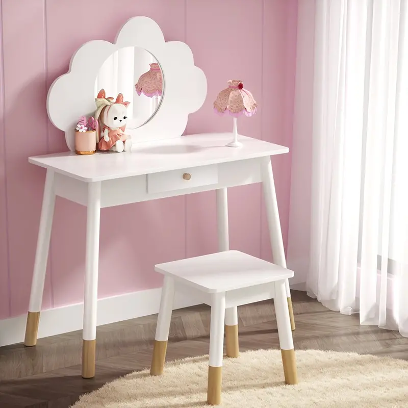 Keezi Minimalist Dressing Table And Chair Set – Wooden Leg Vanity With Mirror And Storage Drawer 1