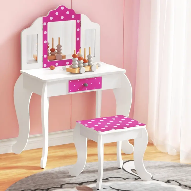 Keezi Pink Wooden Dressing Table Set – Vanity Desk With 3 Mirrors, Drawer, And Matching Chair 1