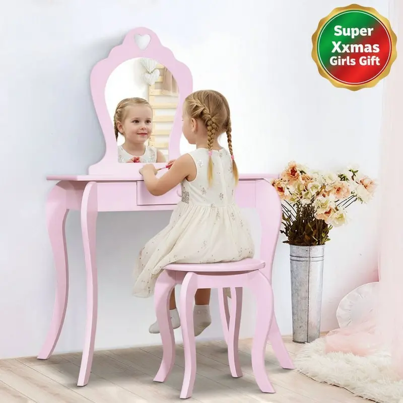 Keezi Princess Dressing Table Set – Vanity Mirror, Stool & Pink Makeup Station For Kids 1